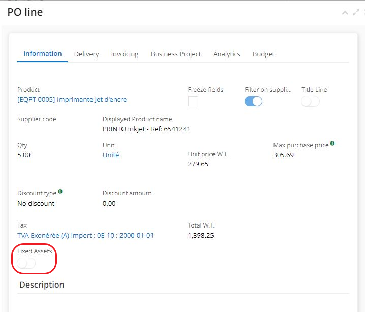 1.2. The PO (purchase order) line window and Fixed assets checkbox.
